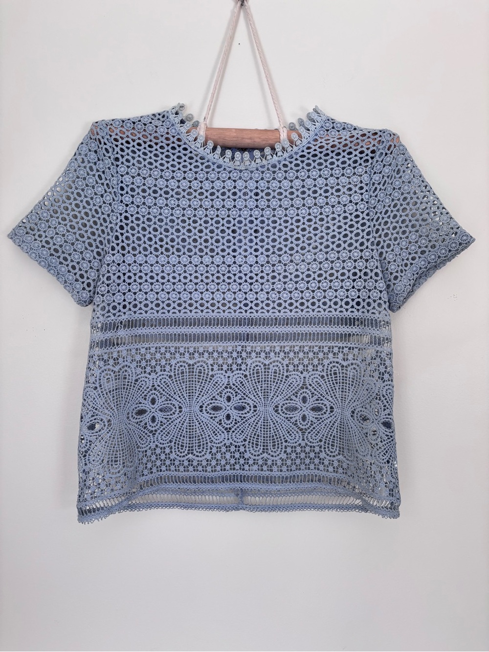 English Factory Light Blue Crochet Lace Short Sleeve Top | Small | Coastal Prep